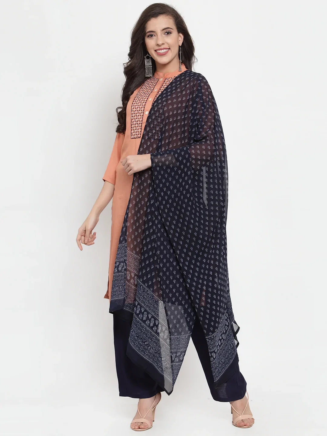 Jompers Women's Mustard Peach & Navy Blue Embroidered Kurta with Palazzos & Dupatta | Grocsy