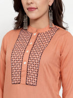 Jompers Women's Mustard Peach & Navy Blue Embroidered Kurta with Palazzos & Dupatta | Grocsy