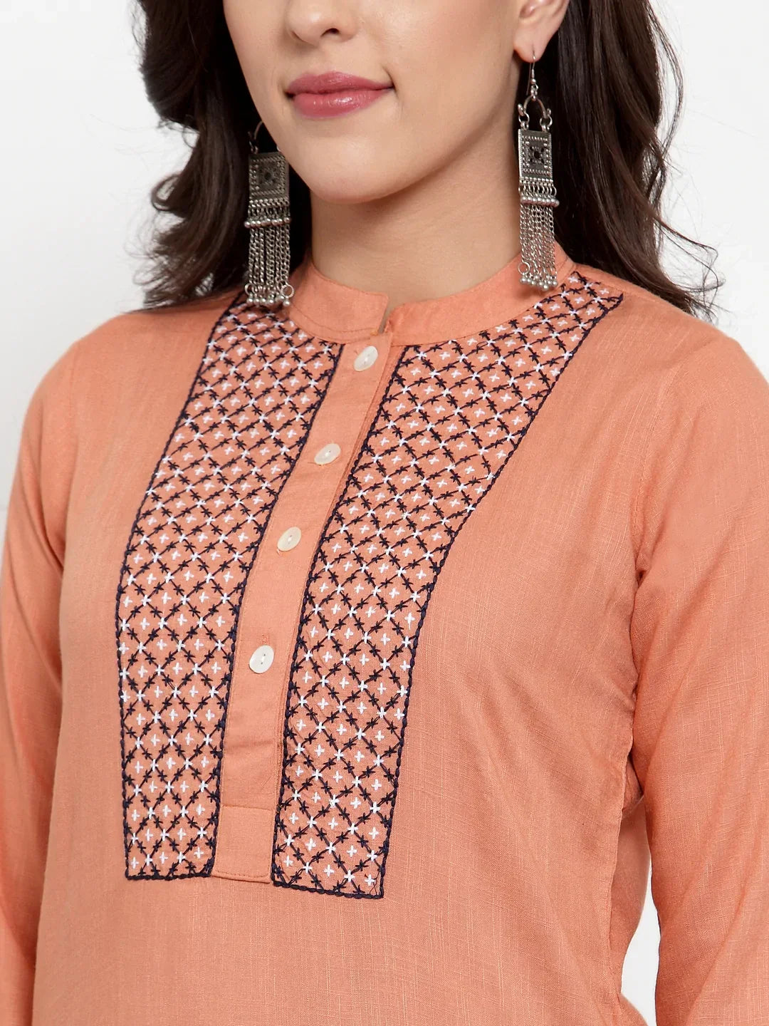 Jompers Women's Mustard Peach & Navy Blue Embroidered Kurta with Palazzos & Dupatta | Grocsy