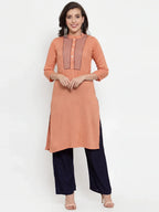 Jompers Women's Mustard Peach & Navy Blue Embroidered Kurta with Palazzos & Dupatta | Grocsy