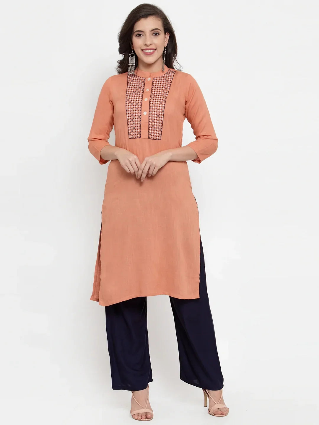 Jompers Women's Mustard Peach & Navy Blue Embroidered Kurta with Palazzos & Dupatta | Grocsy