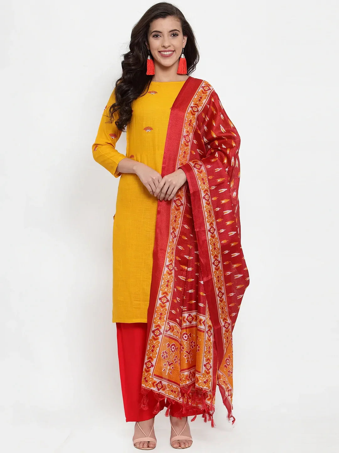 Jompers Women's Mustard Yellow & Red Embroidered Kurta with Palazzos & Dupatta | Grocsy