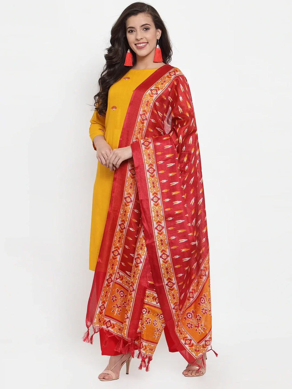 Jompers Women's Mustard Yellow & Red Embroidered Kurta with Palazzos & Dupatta | Grocsy