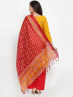 Jompers Women's Mustard Yellow & Red Embroidered Kurta with Palazzos & Dupatta | Grocsy