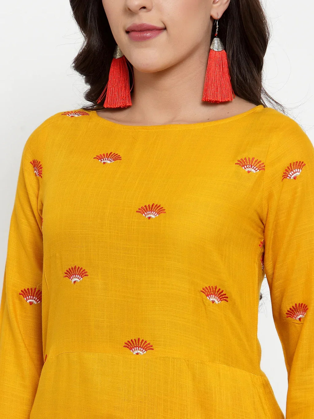 Jompers Women's Mustard Yellow & Red Embroidered Kurta with Palazzos & Dupatta | Grocsy