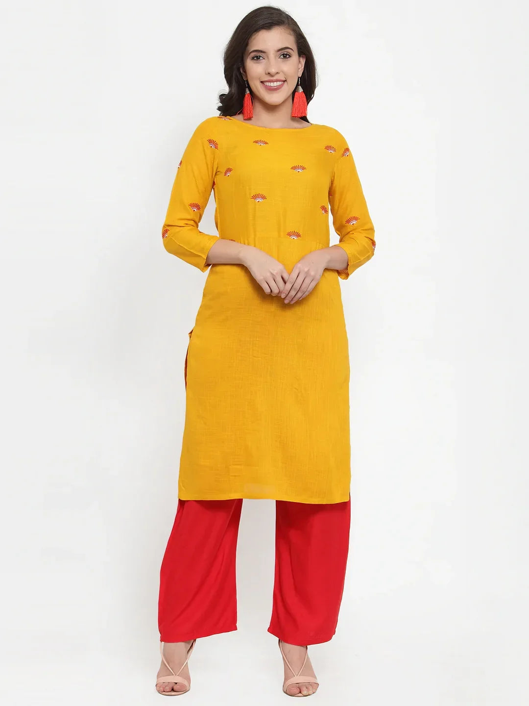 Jompers Women's Mustard Yellow & Red Embroidered Kurta with Palazzos & Dupatta | Grocsy