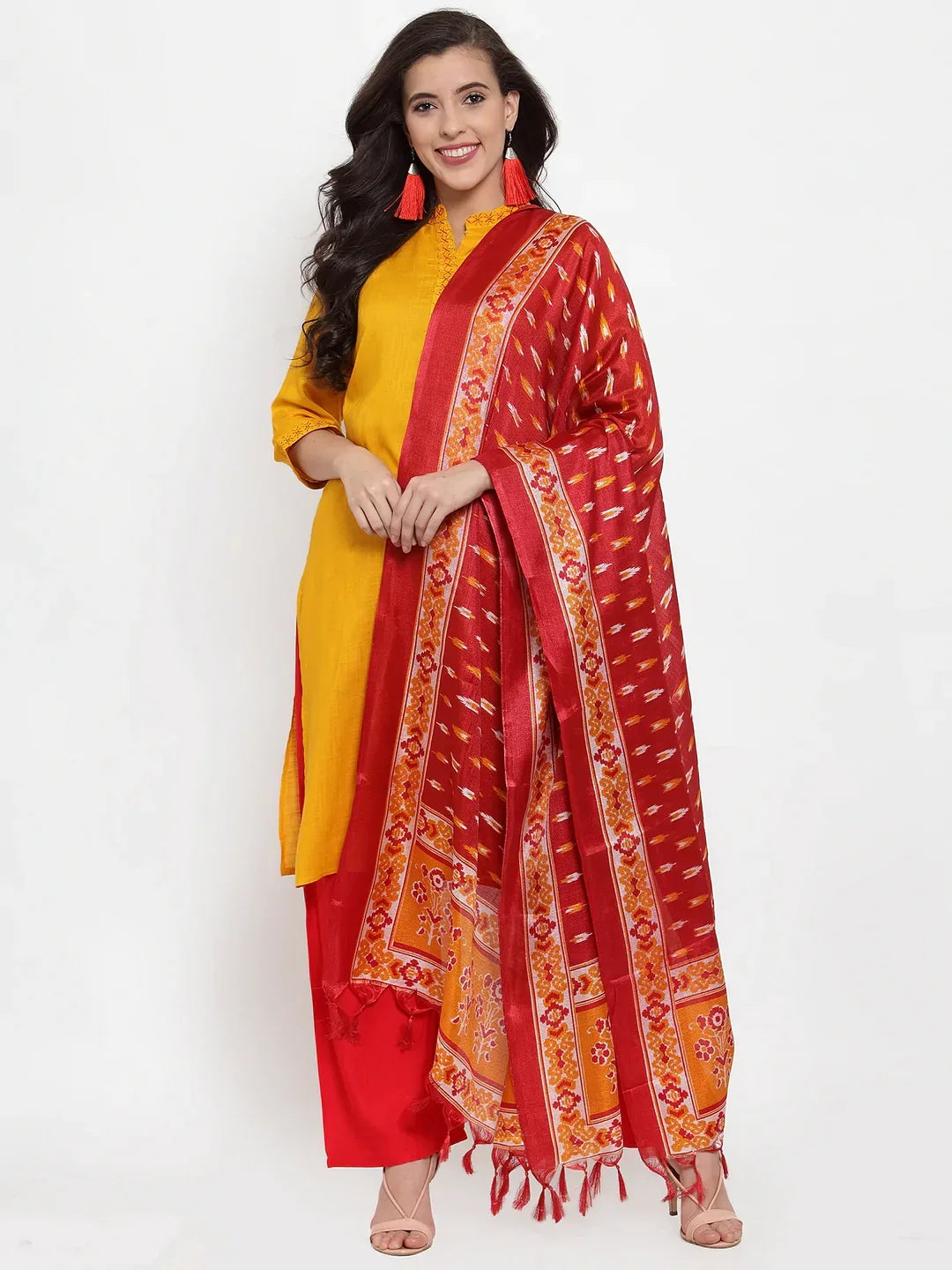 Jompers Women's Mustard Yellow & Red Embroidered Kurta with Palazzos & Dupatta | Grocsy