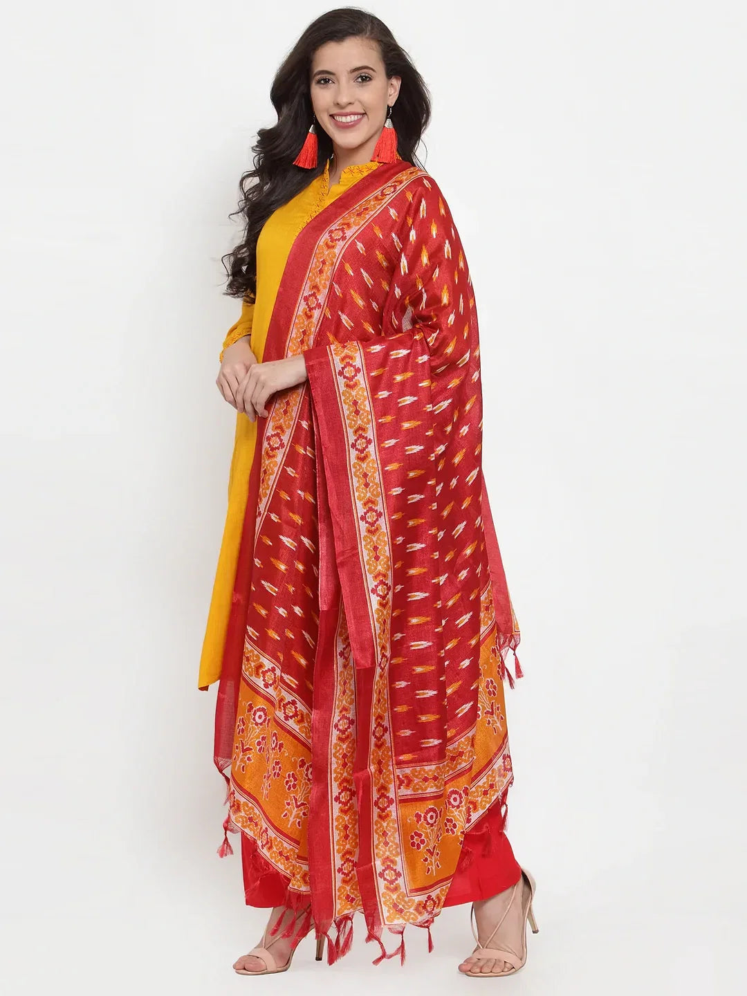 Jompers Women's Mustard Yellow & Red Embroidered Kurta with Palazzos & Dupatta | Grocsy