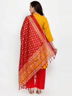 Jompers Women's Mustard Yellow & Red Embroidered Kurta with Palazzos & Dupatta | Grocsy