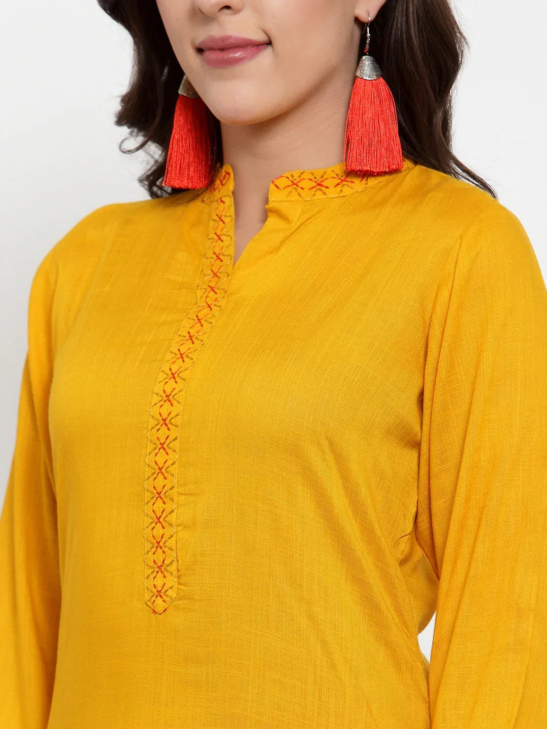Jompers Women's Mustard Yellow & Red Embroidered Kurta with Palazzos & Dupatta | Grocsy