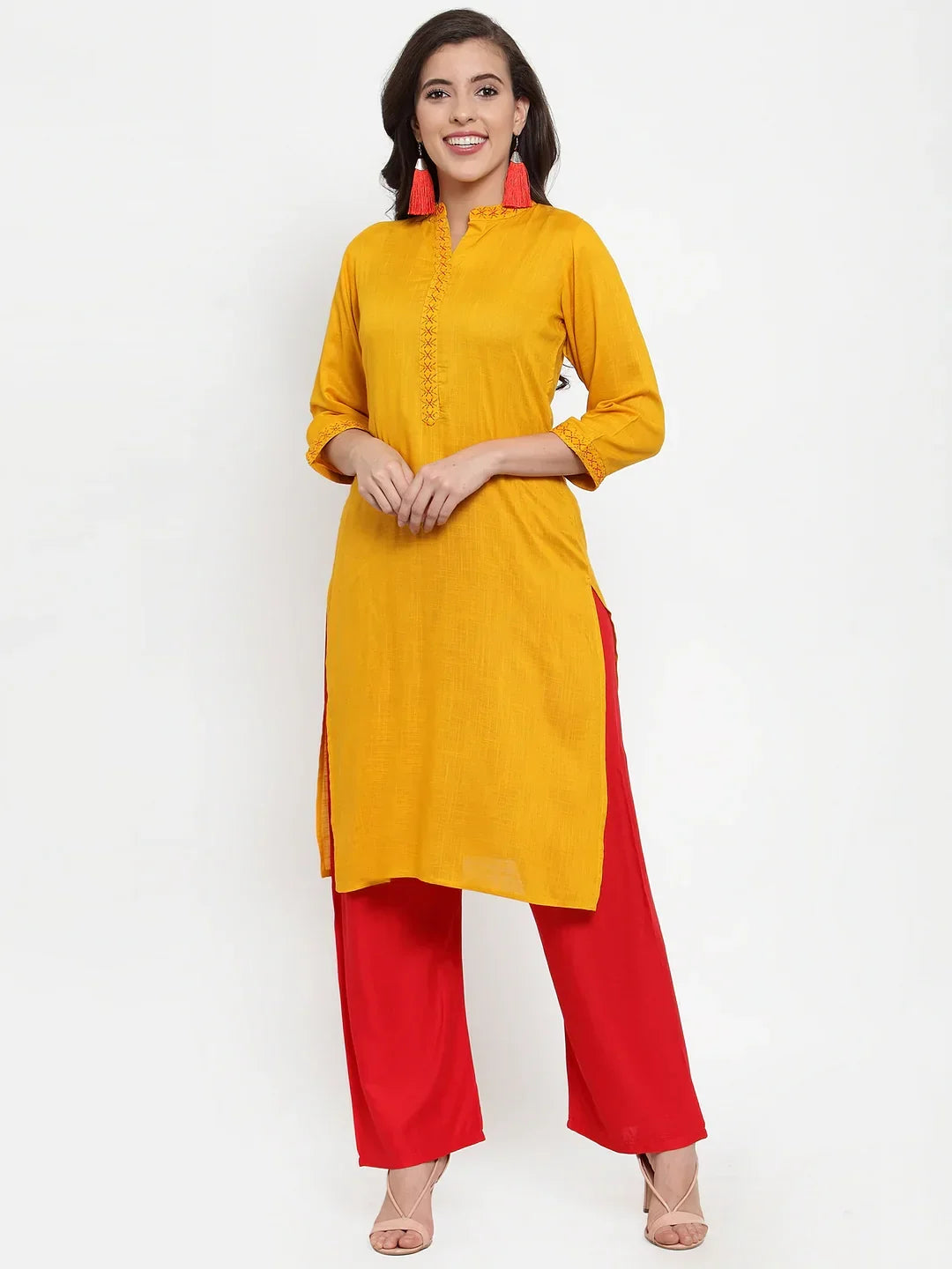 Jompers Women's Mustard Yellow & Red Embroidered Kurta with Palazzos & Dupatta | Grocsy