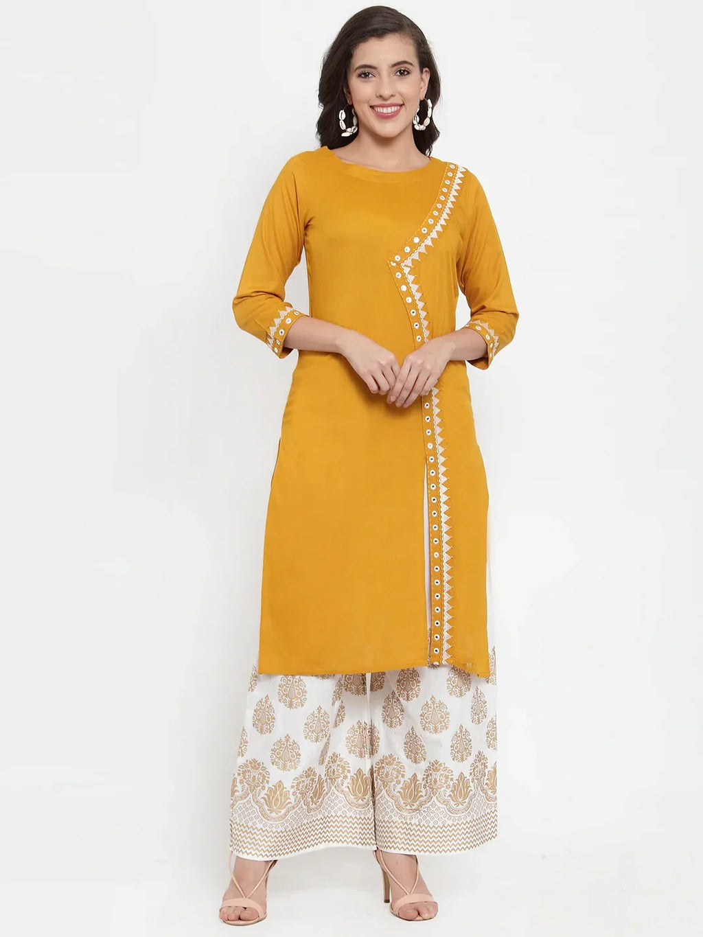 Jompers Women's Mustard Yellow & Off-White Embroidered Kurta with Palazzos | Grocsy