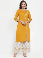 Jompers Women's Mustard Yellow & Off-White Embroidered Kurta with Palazzos | Grocsy