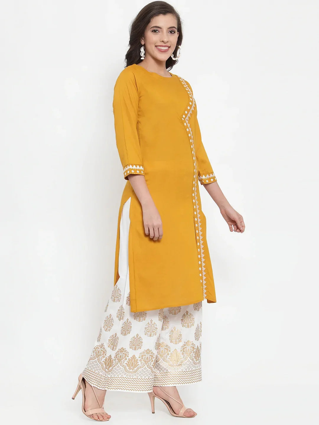Jompers Women's Mustard Yellow & Off-White Embroidered Kurta with Palazzos | Grocsy