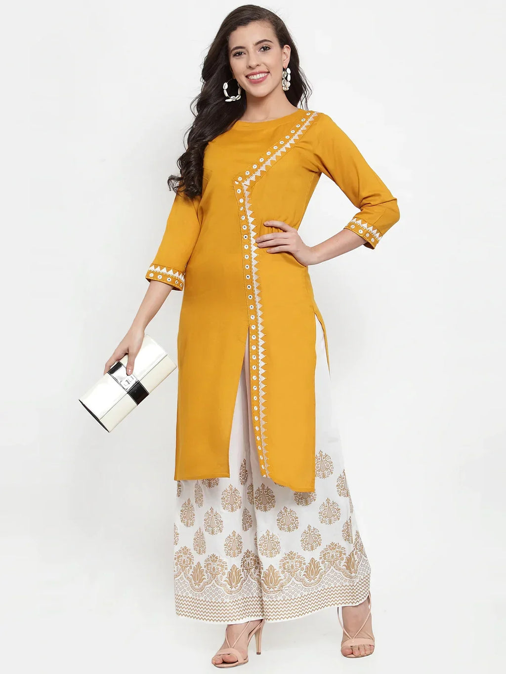 Jompers Women's Mustard Yellow & Off-White Embroidered Kurta with Palazzos | Grocsy