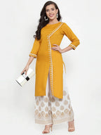 Jompers Women's Mustard Yellow & Off-White Embroidered Kurta with Palazzos | Grocsy