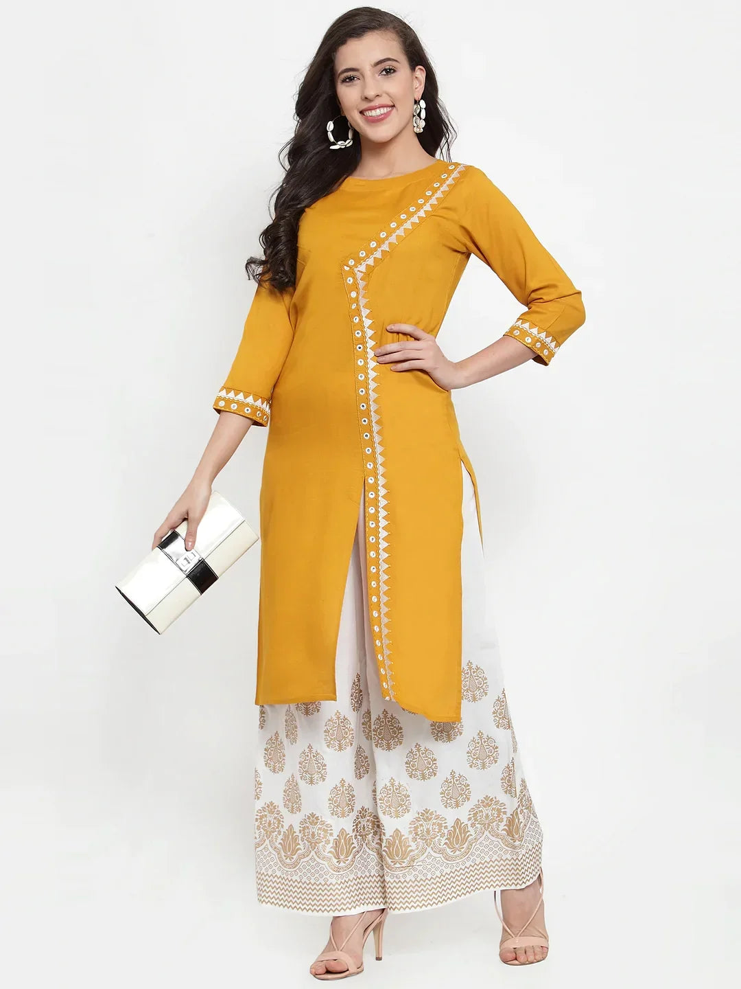 Jompers Women's Mustard Yellow & Off-White Embroidered Kurta with Palazzos | Grocsy
