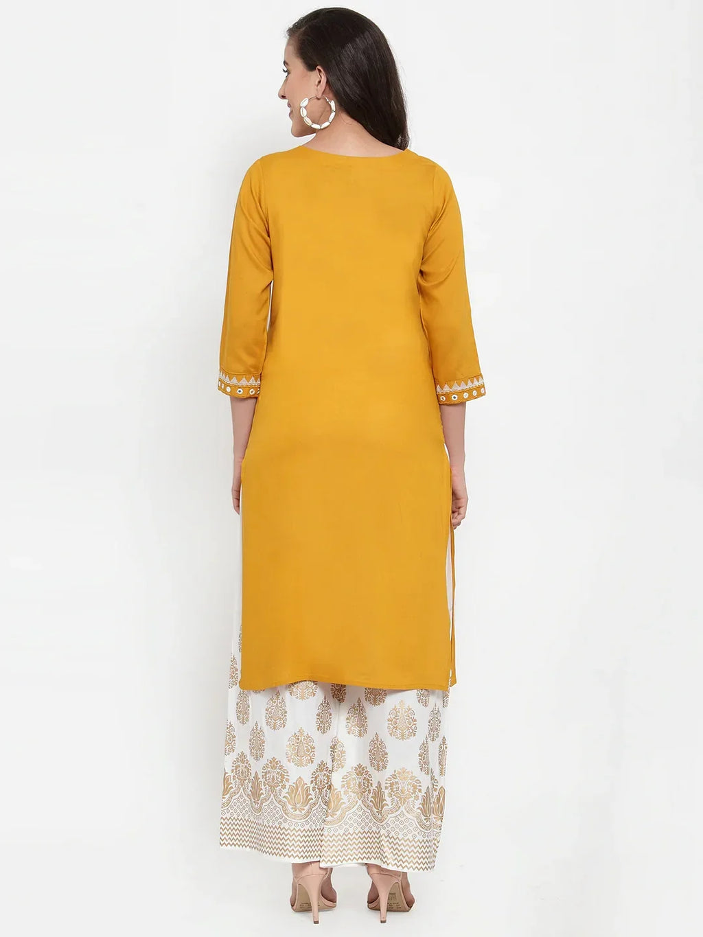 Jompers Women's Mustard Yellow & Off-White Embroidered Kurta with Palazzos | Grocsy