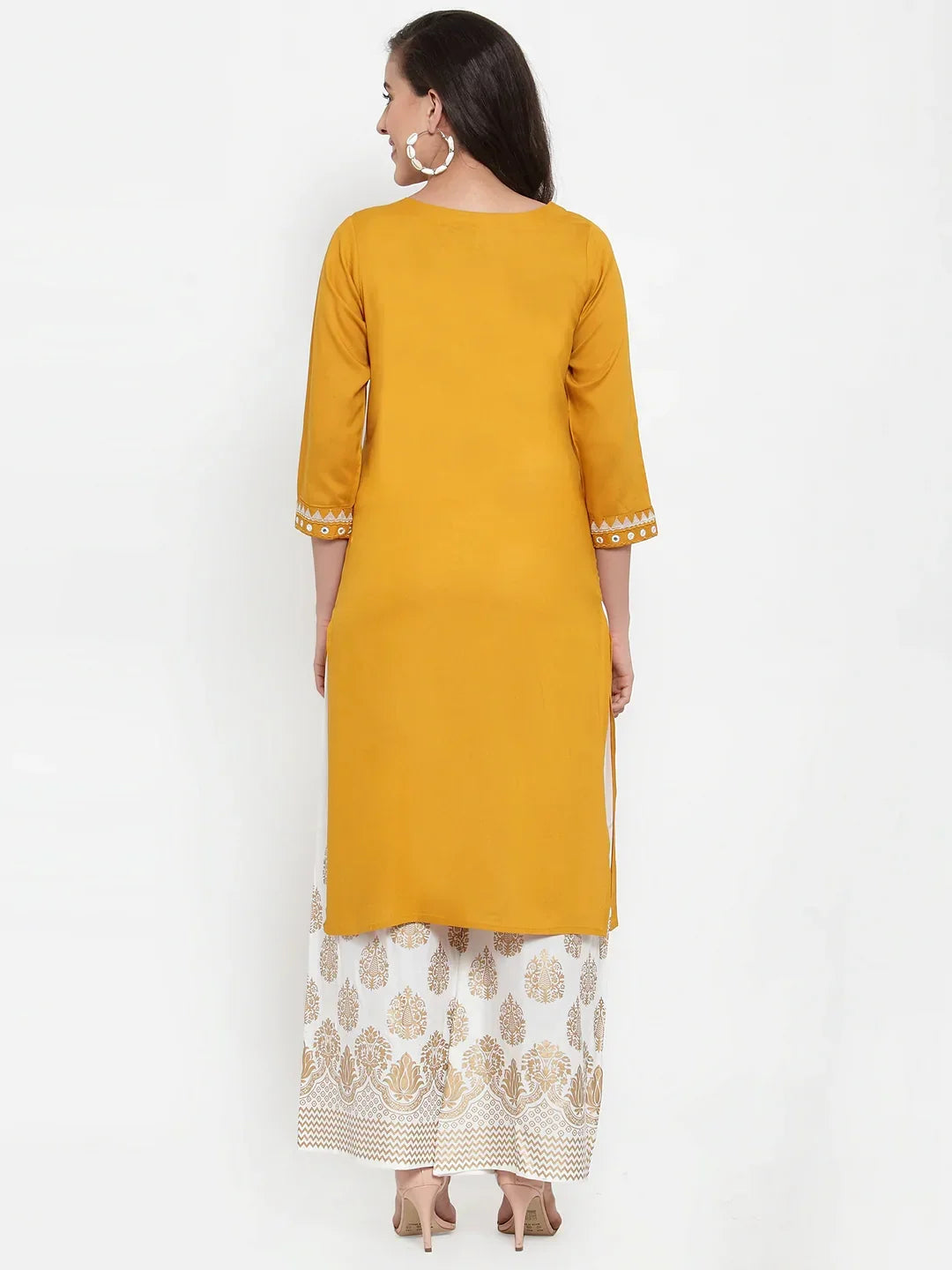 Jompers Women's Mustard Yellow & Off-White Embroidered Kurta with Palazzos | Grocsy