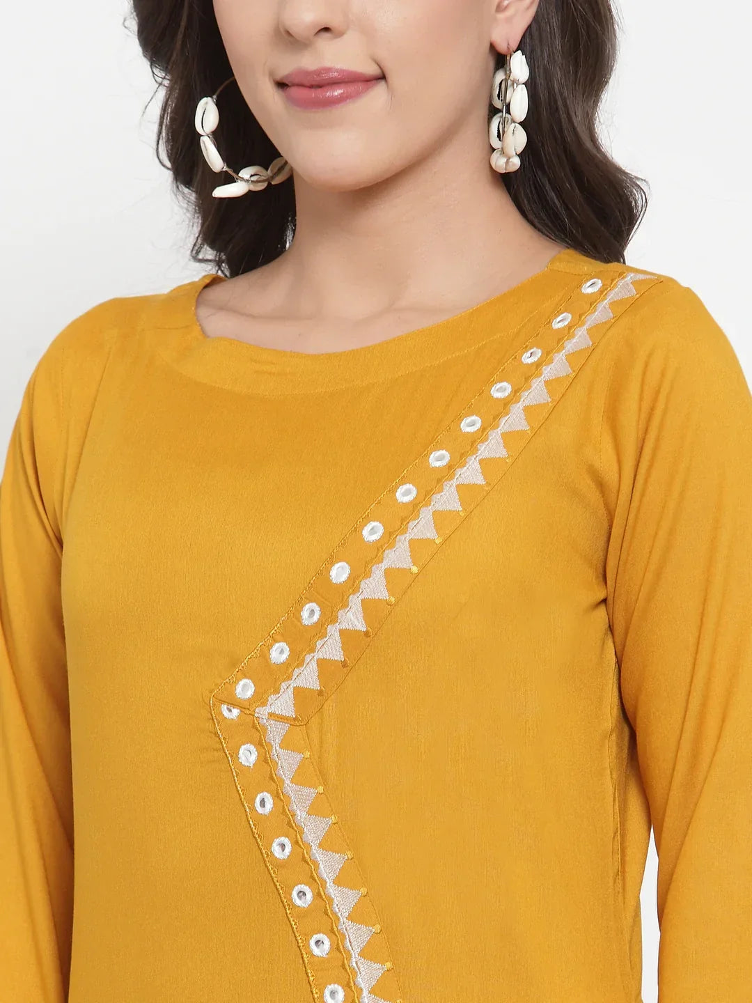 Jompers Women's Mustard Yellow & Off-White Embroidered Kurta with Palazzos | Grocsy