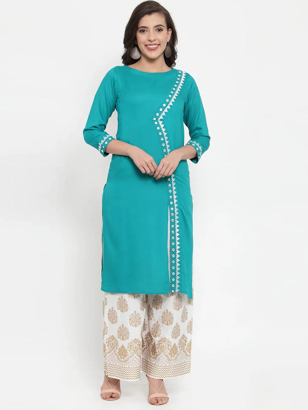Jompers Women's Rama Green & Off-White Embroidered Kurta with Palazzos | Grocsy