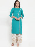 Jompers Women's Rama Green & Off-White Embroidered Kurta with Palazzos | Grocsy