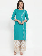 Jompers Women's Rama Green & Off-White Embroidered Kurta with Palazzos | Grocsy