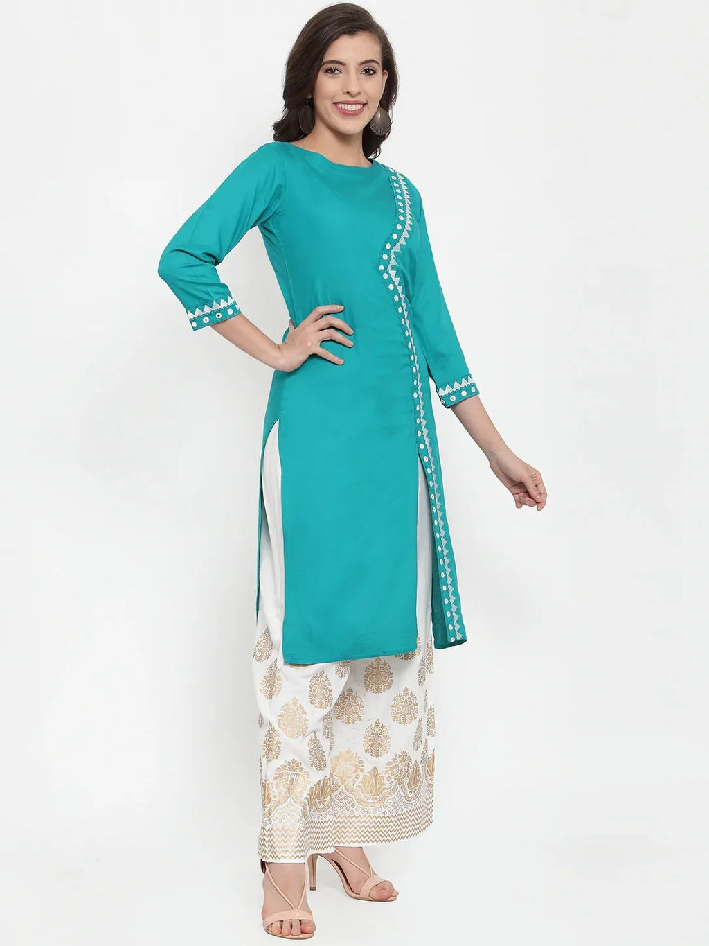 Jompers Women's Rama Green & Off-White Embroidered Kurta with Palazzos | Grocsy