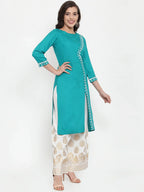 Jompers Women's Rama Green & Off-White Embroidered Kurta with Palazzos | Grocsy