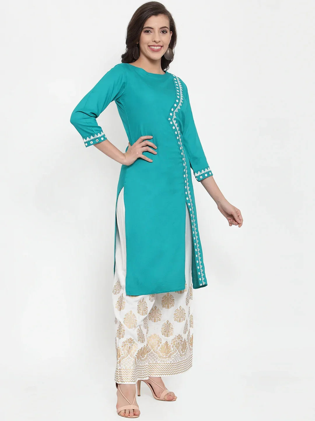 Jompers Women's Rama Green & Off-White Embroidered Kurta with Palazzos | Grocsy