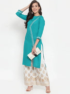 Jompers Women's Rama Green & Off-White Embroidered Kurta with Palazzos | Grocsy