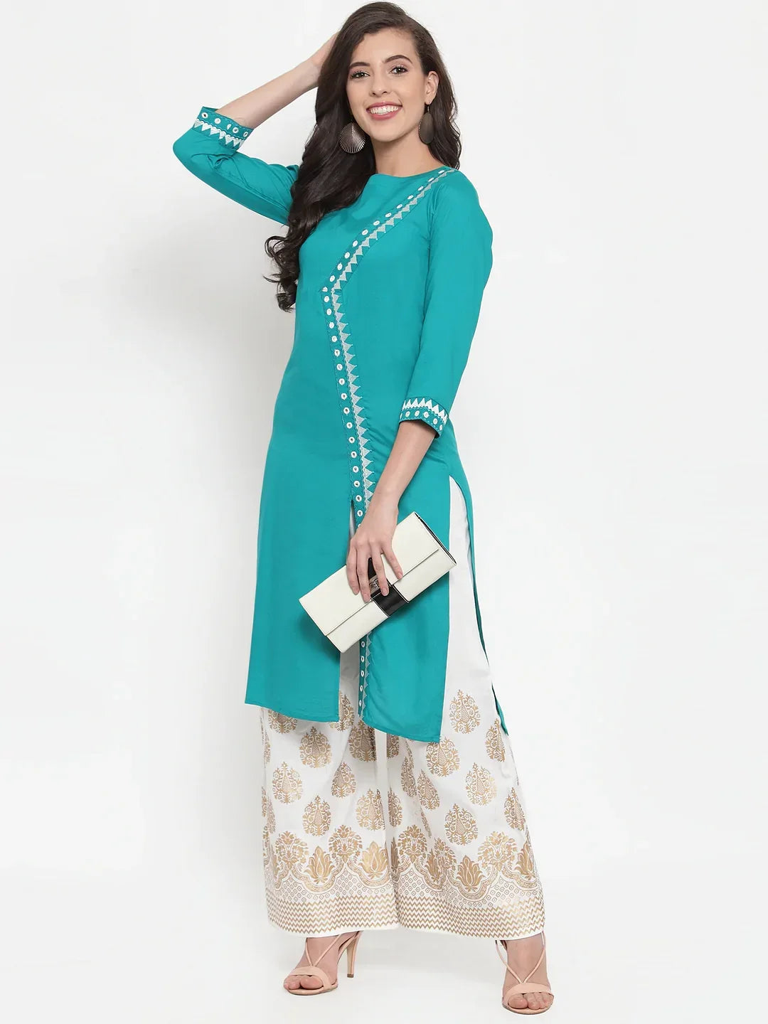 Jompers Women's Rama Green & Off-White Embroidered Kurta with Palazzos | Grocsy