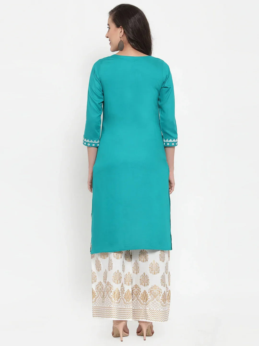 Jompers Women's Rama Green & Off-White Embroidered Kurta with Palazzos | Grocsy