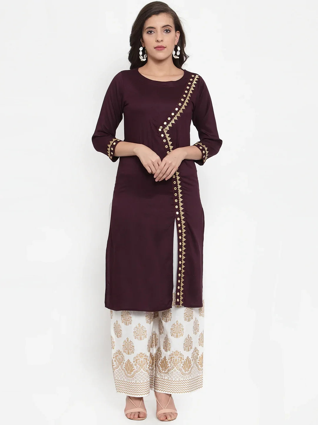Jompers Women's Purple Embroidered Kurta with Palazzos | Grocsy