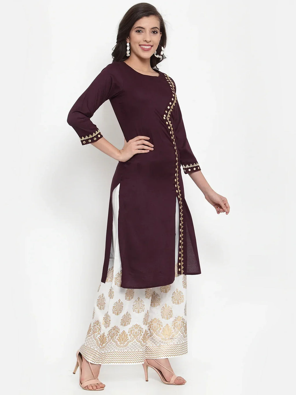 Jompers Women's Purple Embroidered Kurta with Palazzos | Grocsy
