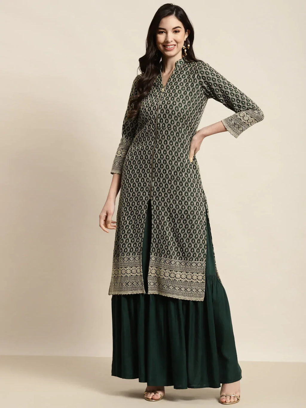 Jompers Women's Green Embroidered Kurta with Sharara | Grocsy