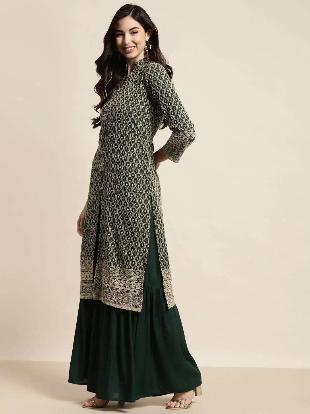 Jompers Women's Green Embroidered Kurta with Sharara | Grocsy