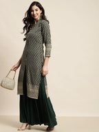 Jompers Women's Green Embroidered Kurta with Sharara | Grocsy