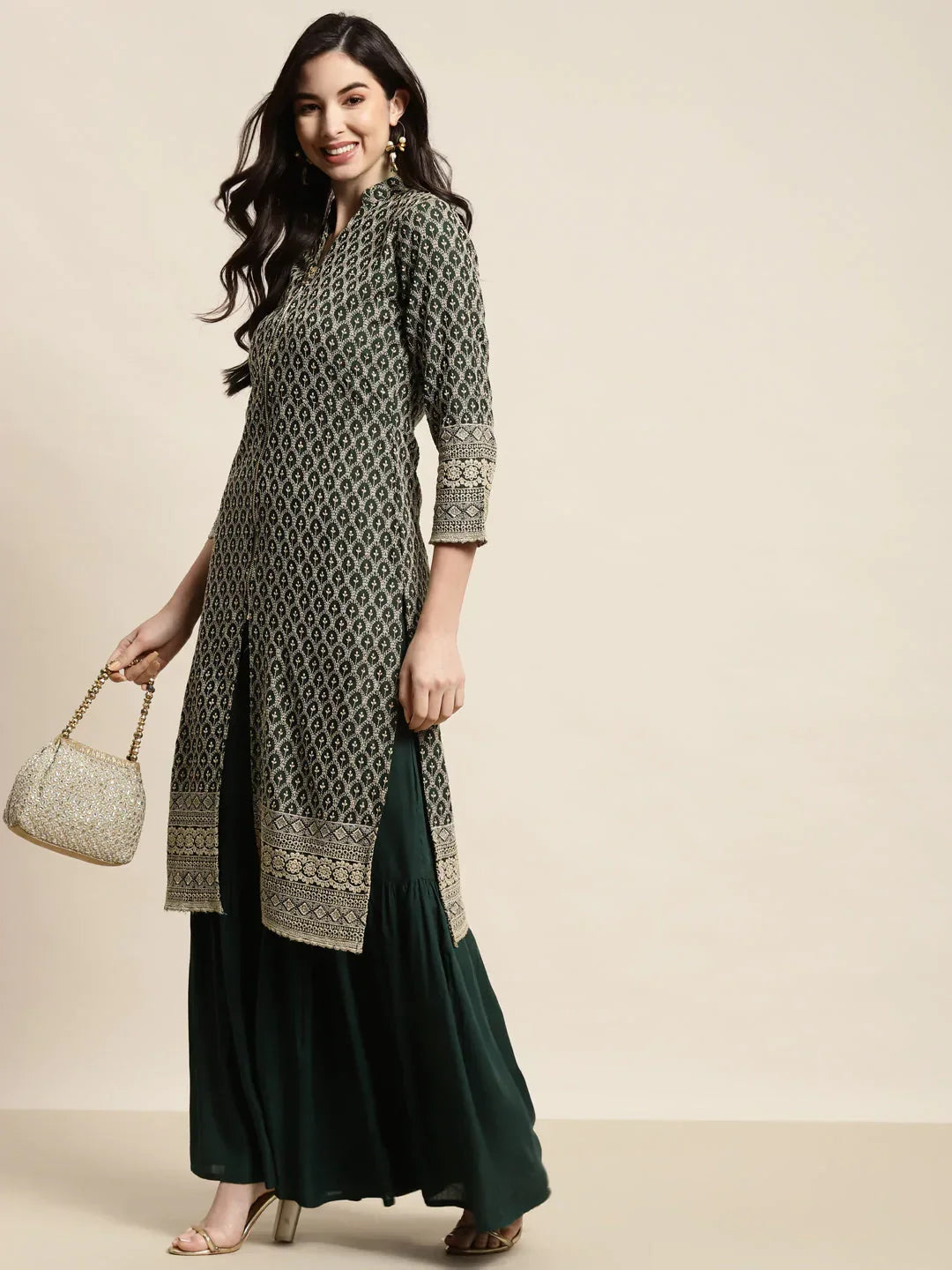 Jompers Women's Green Embroidered Kurta with Sharara | Grocsy