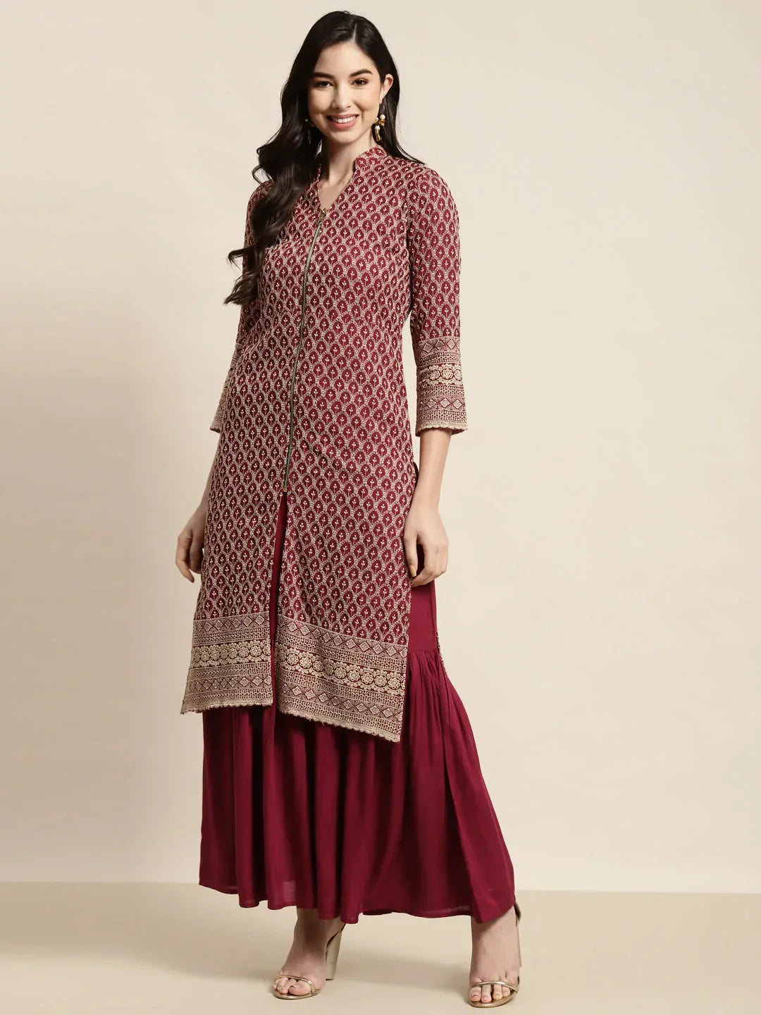 Jompers Women's Maroon Embroidered Kurta with Sharara | Grocsy