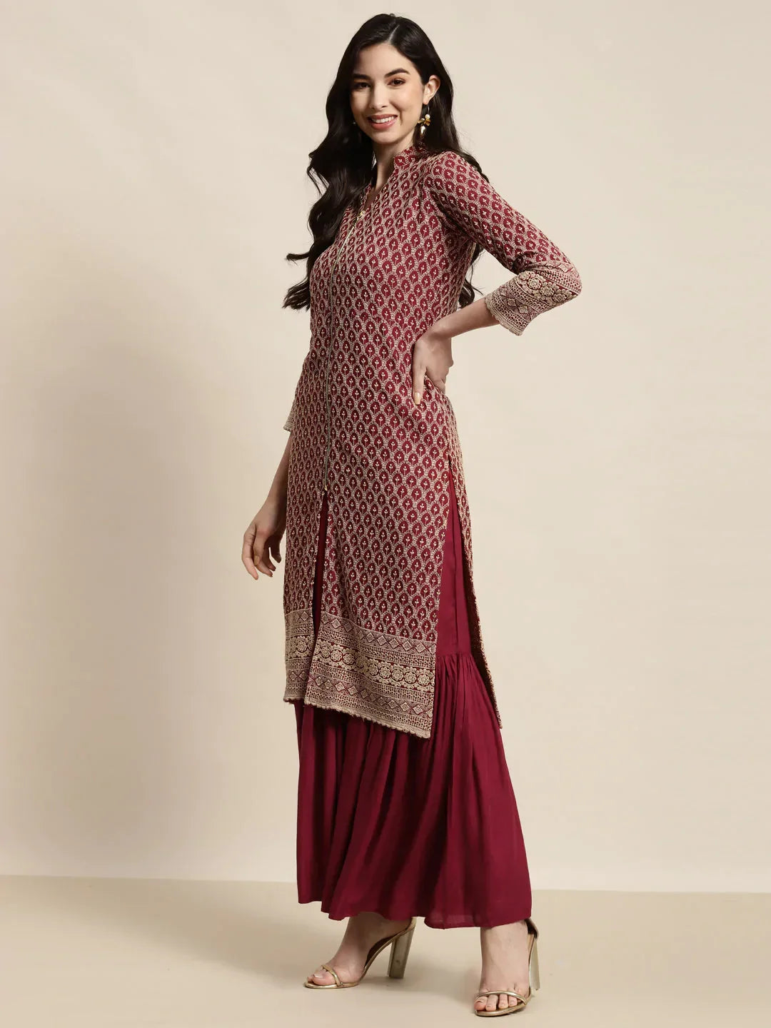 Jompers Women's Maroon Embroidered Kurta with Sharara | Grocsy