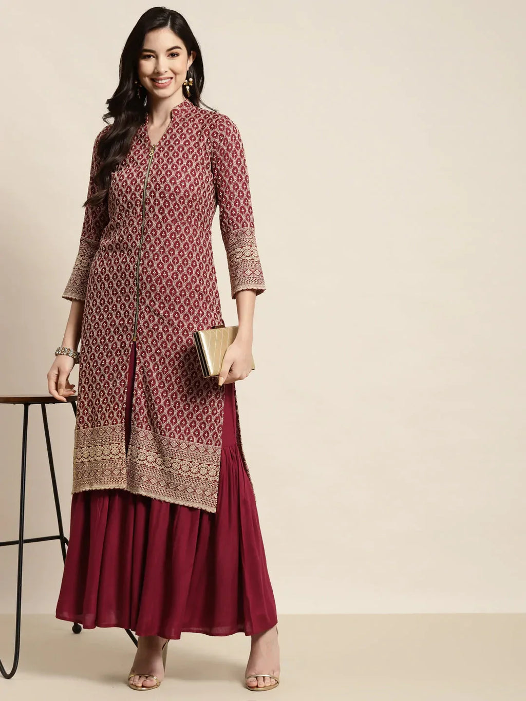Jompers Women's Maroon Embroidered Kurta with Sharara | Grocsy