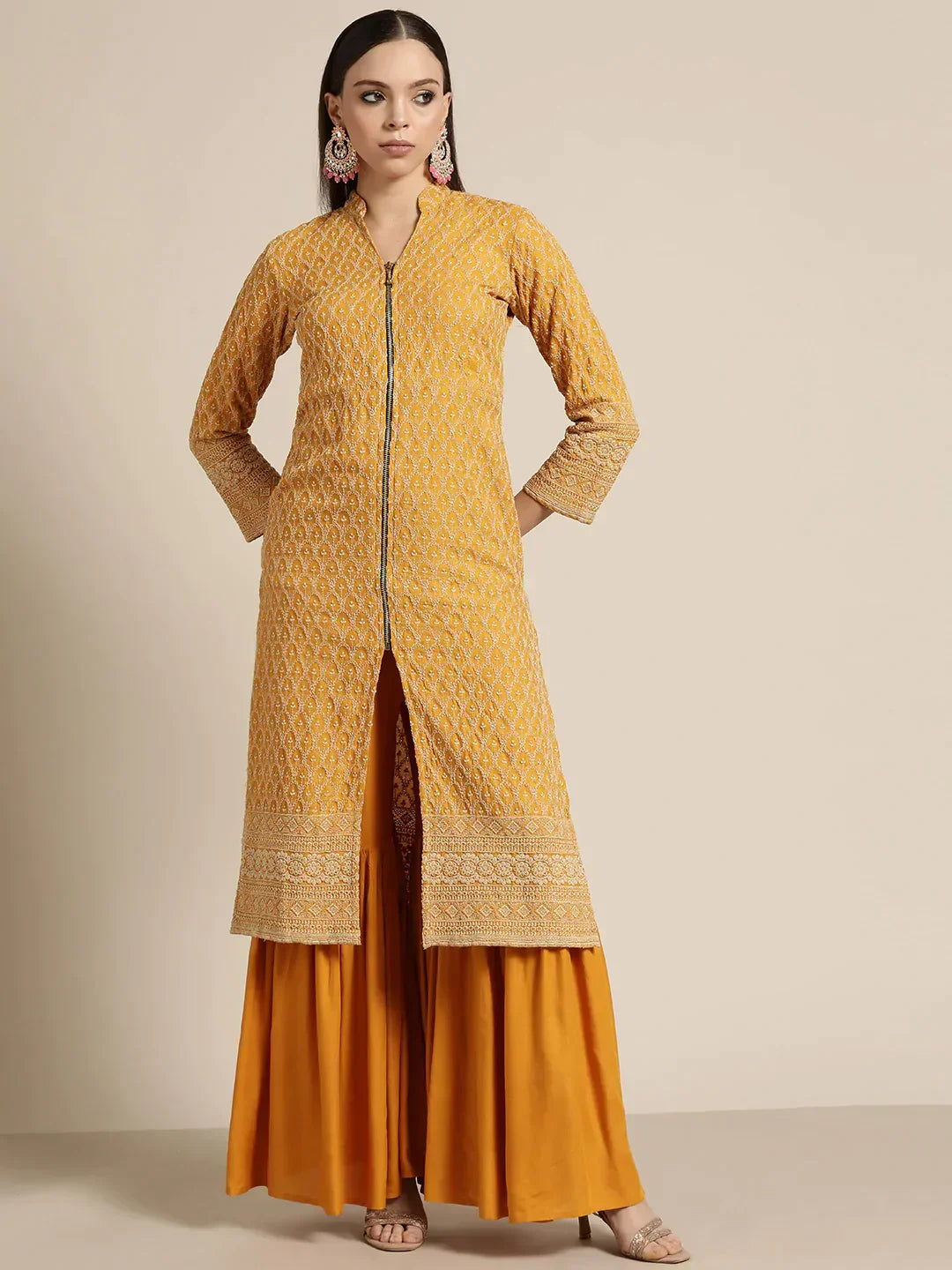Jompers Women's Mustard Embroidered Kurta with Sharara - Mustard | Grocsy