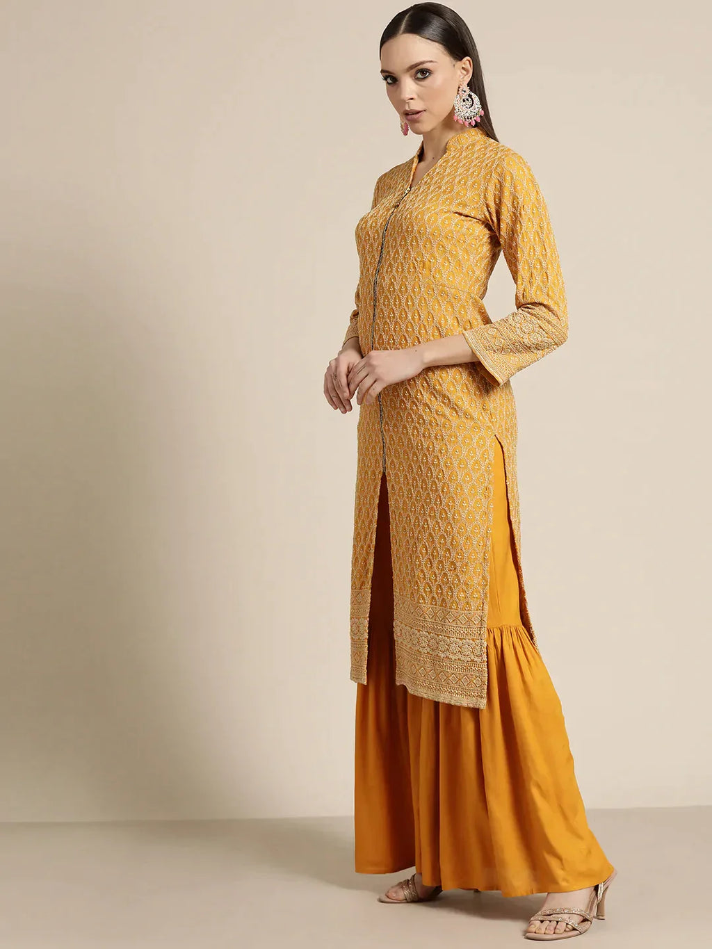 Jompers Women's Mustard Embroidered Kurta with Sharara - Mustard | Grocsy