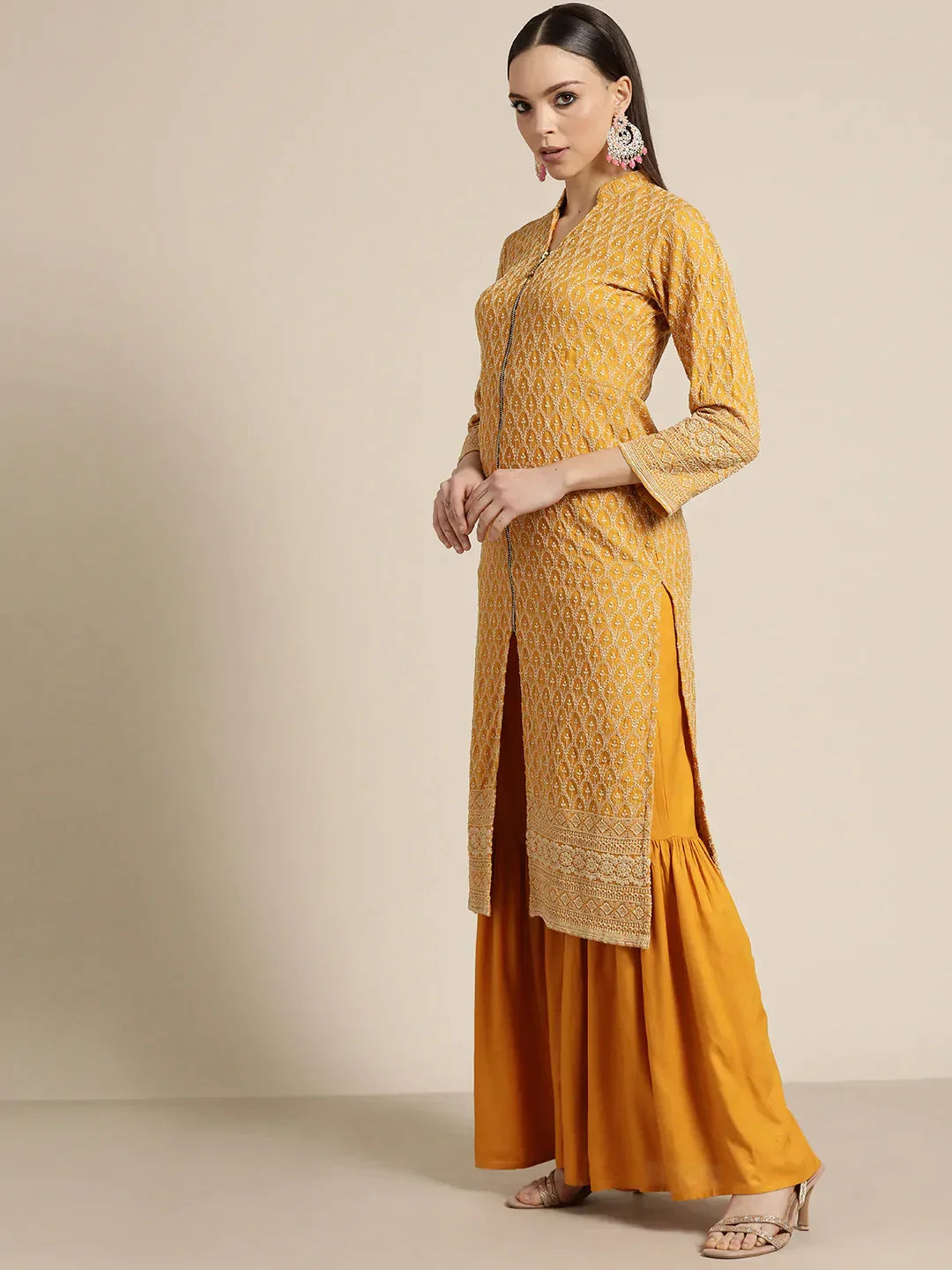 Jompers Women's Mustard Embroidered Kurta with Sharara - Mustard | Grocsy