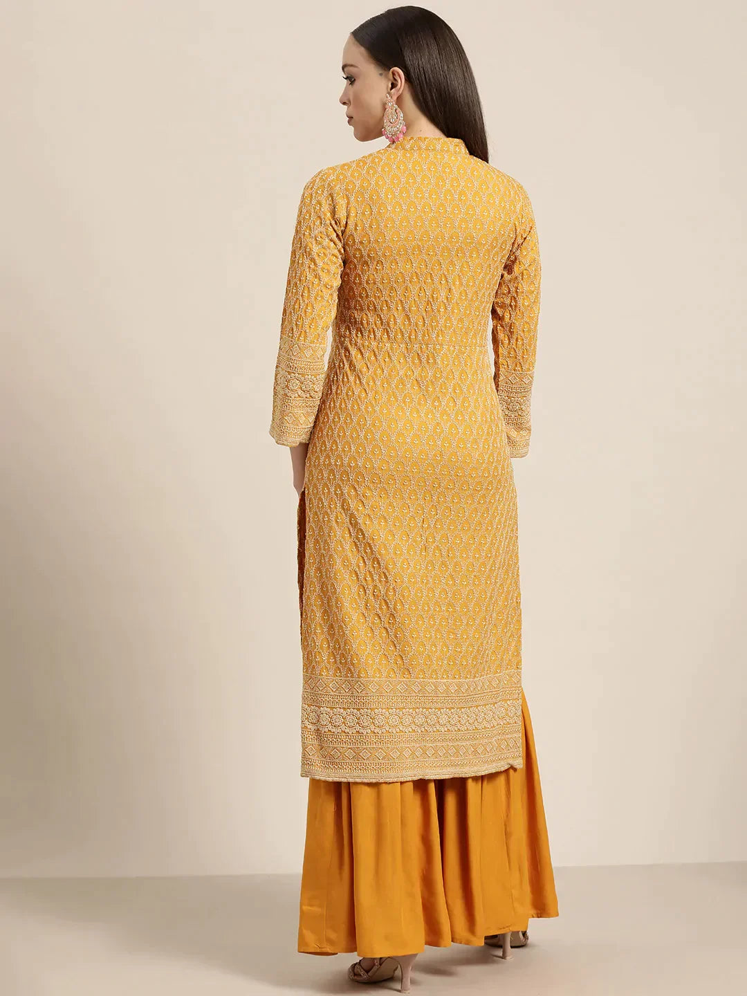 Jompers Women's Mustard Embroidered Kurta with Sharara - Mustard | Grocsy