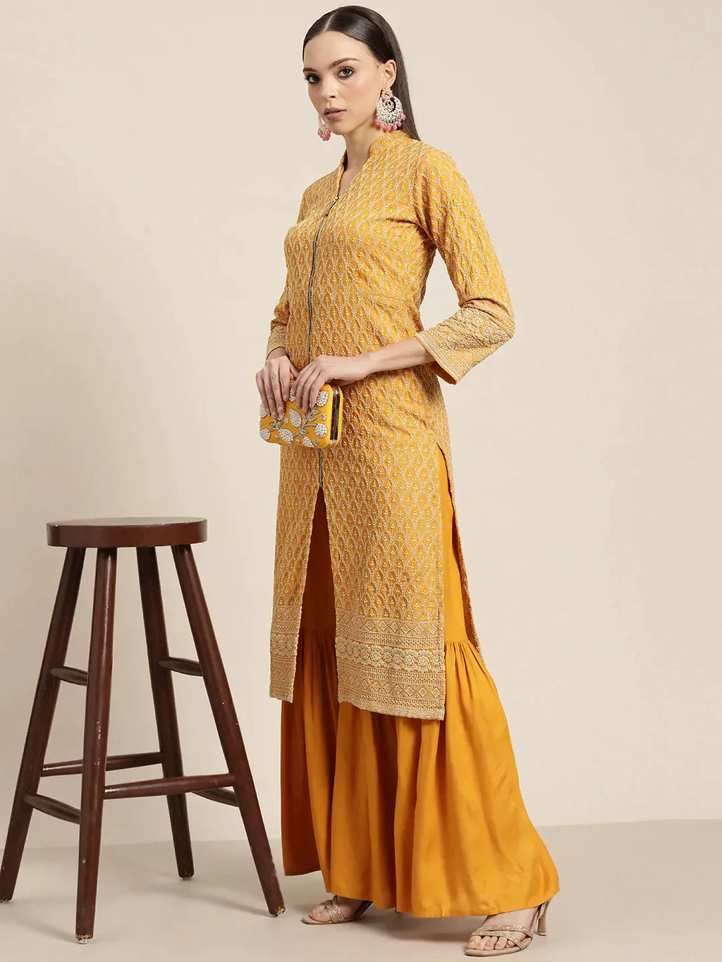 Jompers Women's Mustard Embroidered Kurta with Sharara - Mustard | Grocsy