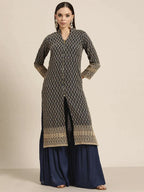 Jompers Women's Navy Embroidered Kurta with Sharara - Navy Blue | Grocsy