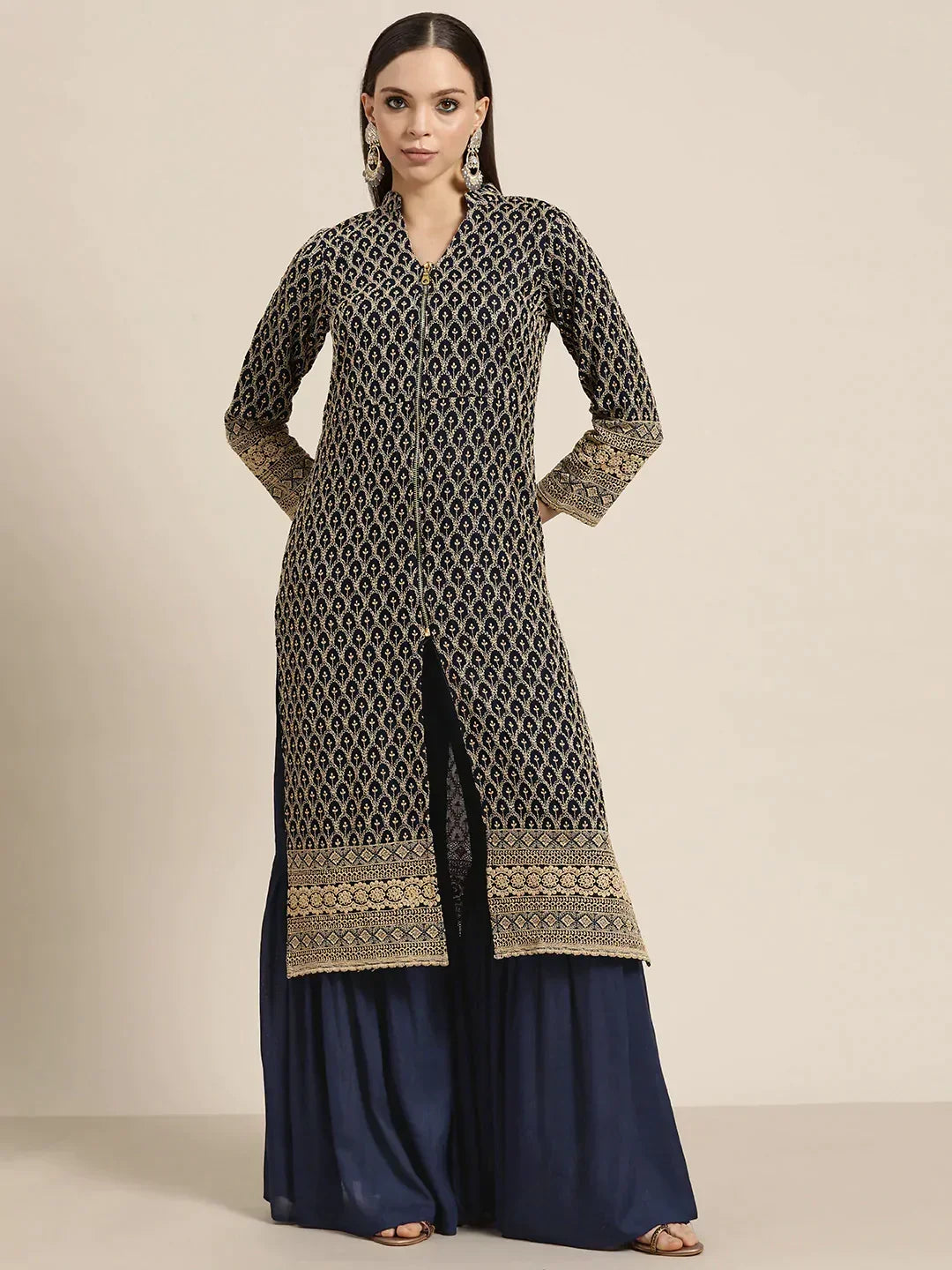 Jompers Women's Navy Embroidered Kurta with Sharara - Navy Blue | Grocsy