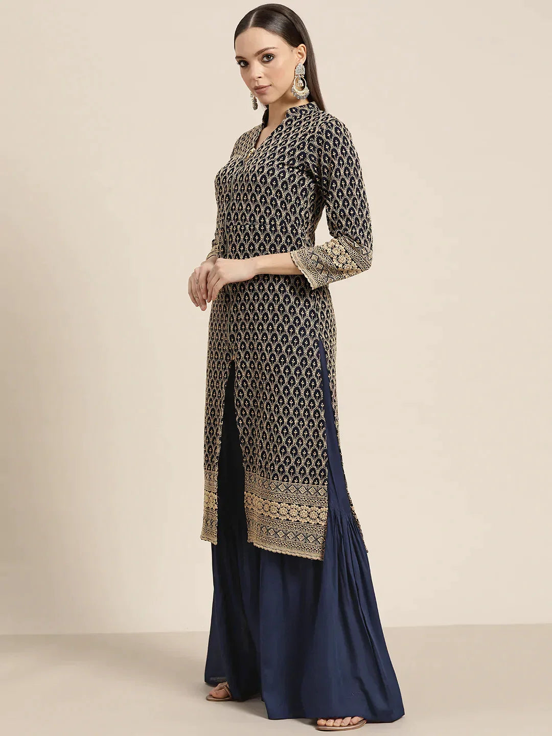 Jompers Women's Navy Embroidered Kurta with Sharara - Navy Blue | Grocsy